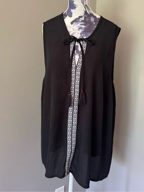 George Black Sleeveless Tunic with Embroidered Tassel Tie